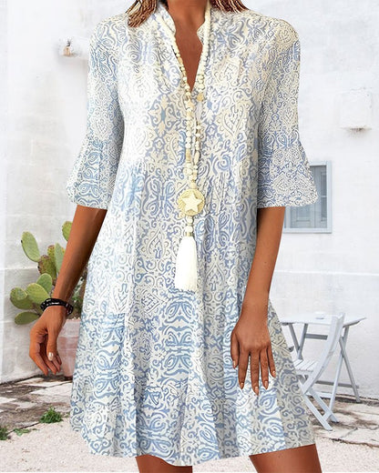 Paisley Print 3/4 Sleeve V-Neck Day Dress