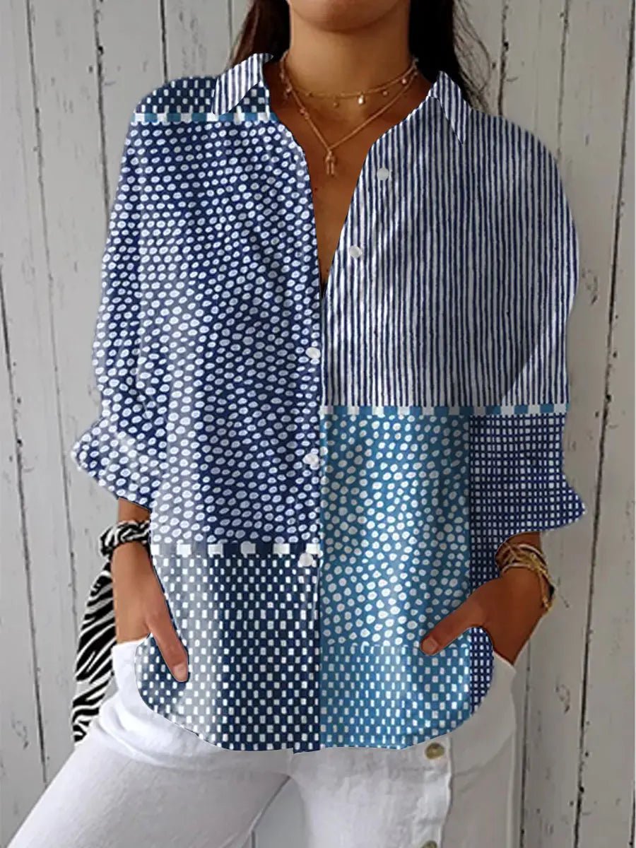 Contrast Print V-Neck Button-Front Blouse