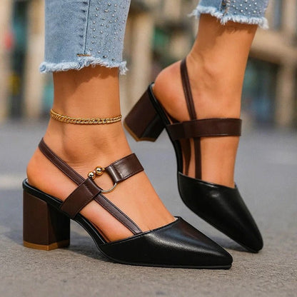 Pointed Toe T-Bar Block Heel Pumps