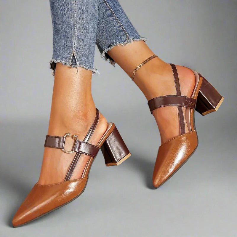 Pointed Toe T-Bar Block Heel Pumps