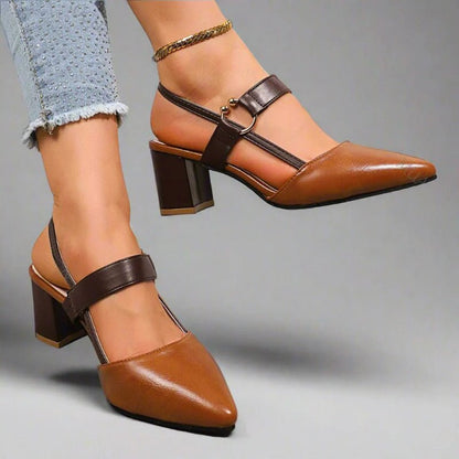 Pointed Toe T-Bar Block Heel Pumps