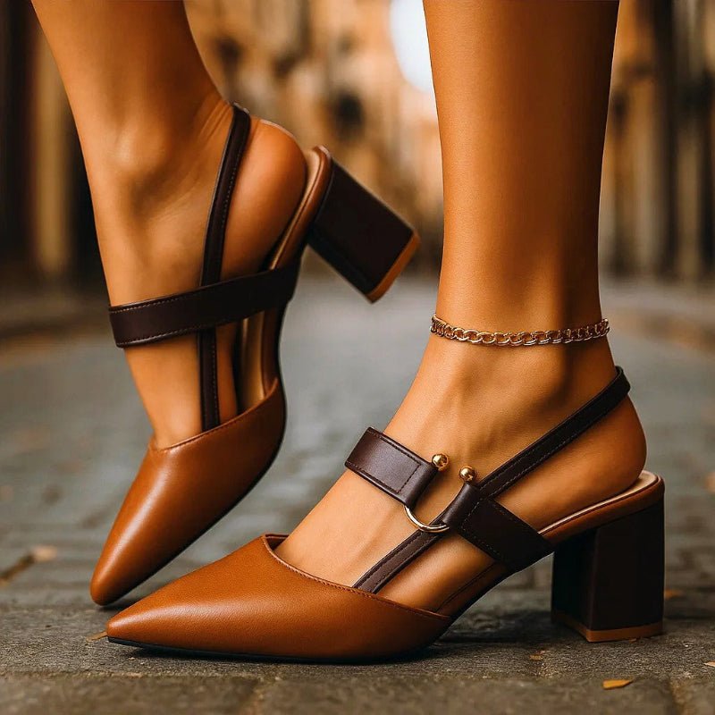 Pointed Toe T-Bar Block Heel Pumps