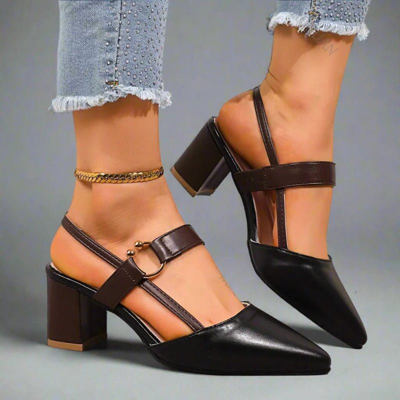 Pointed Toe T-Bar Block Heel Pumps