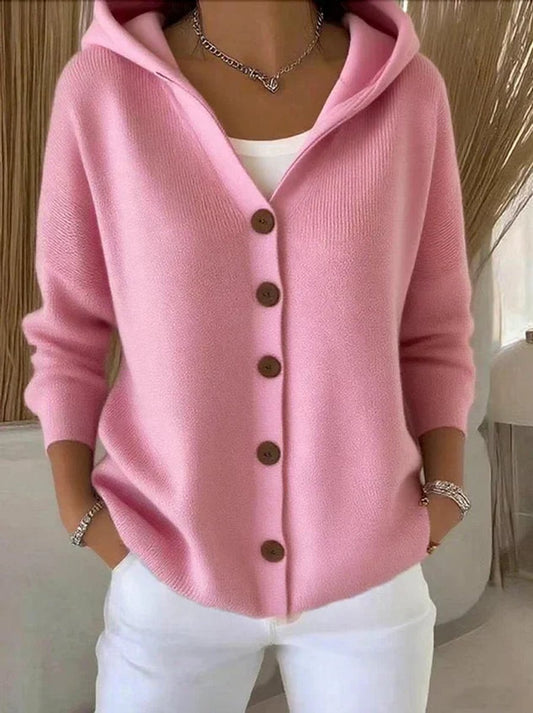Relaxed Hooded Button-Front Knit Cardigan