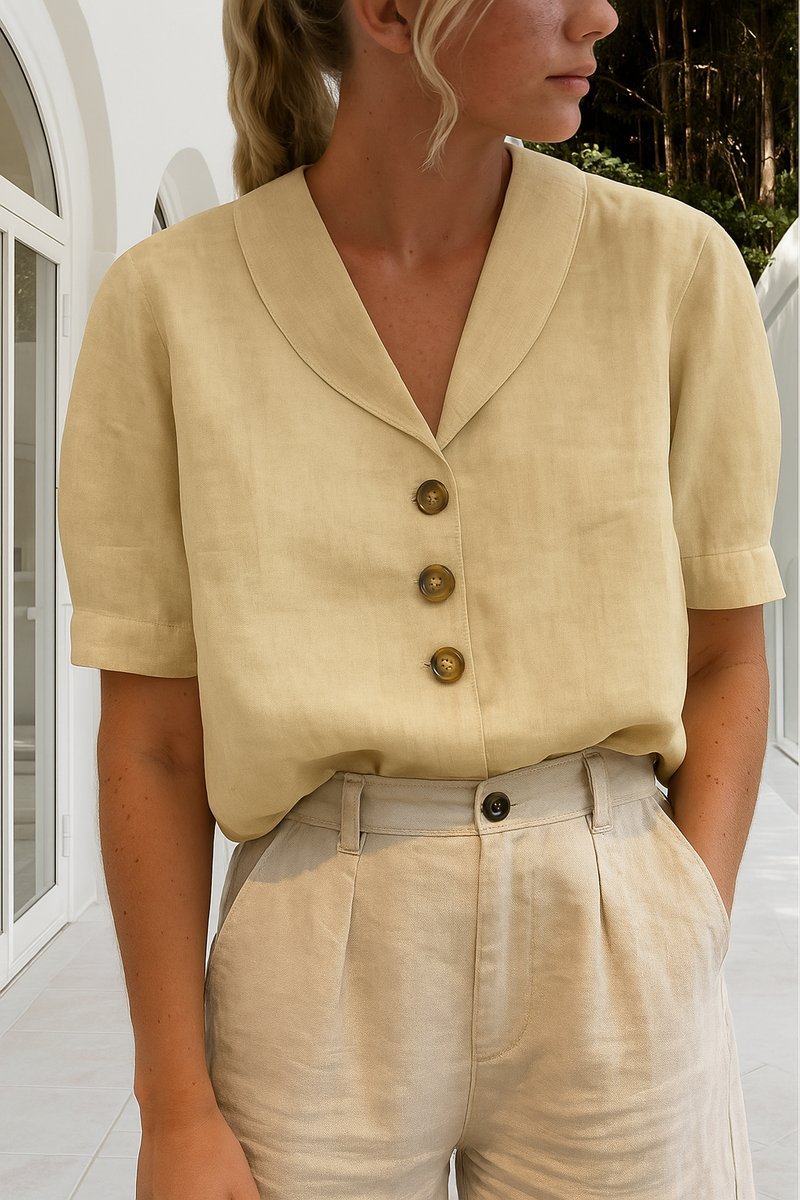 Short-Sleeved Shawl Collar Button-Through Shirt
