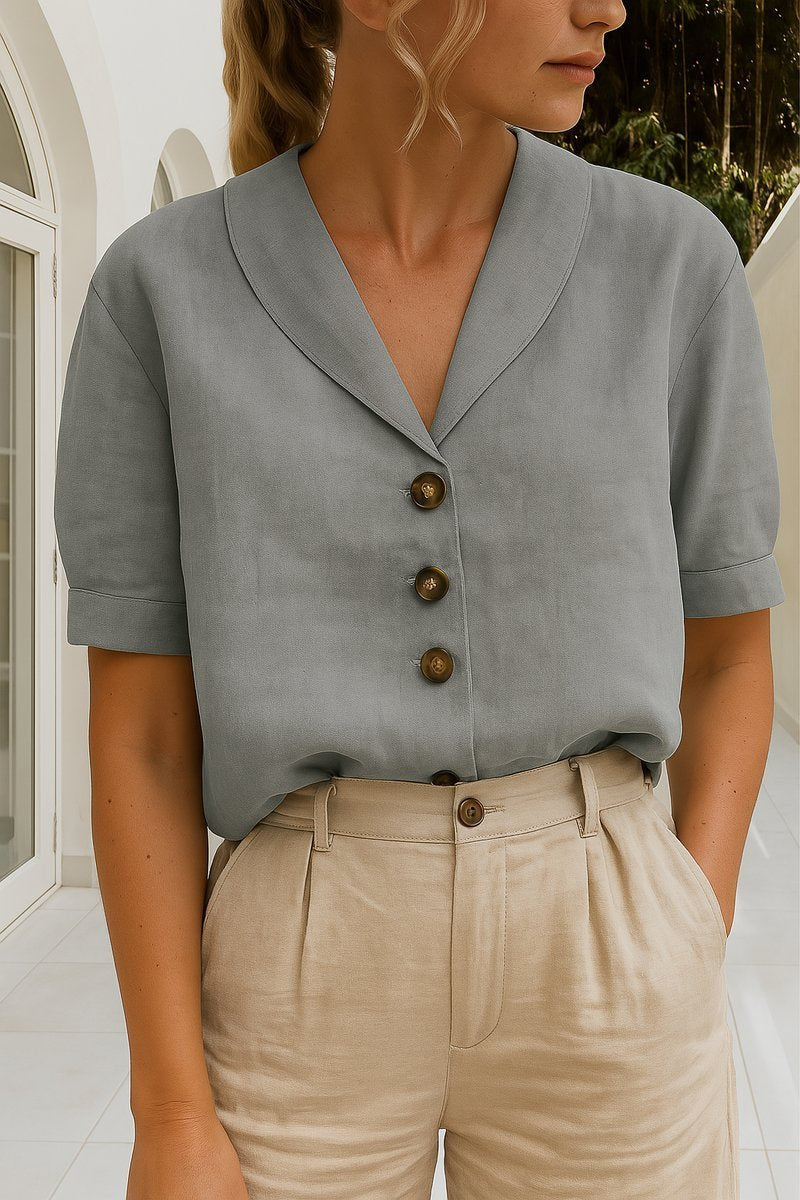 Short-Sleeved Shawl Collar Button-Through Shirt