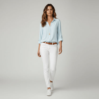 Women's Relaxed Collared Blouse with Roll-Tab Sleeves
