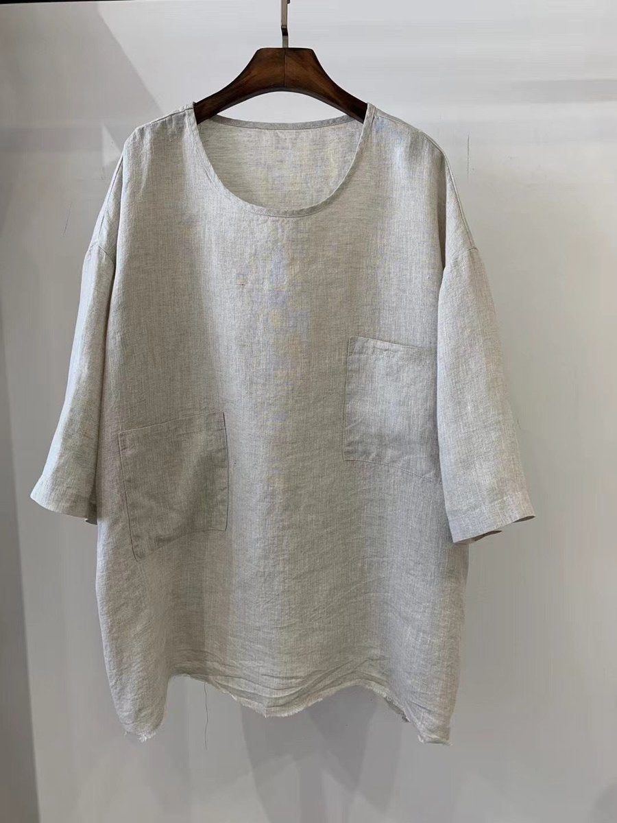 Relaxed Linen Smock Top with Front Pockets