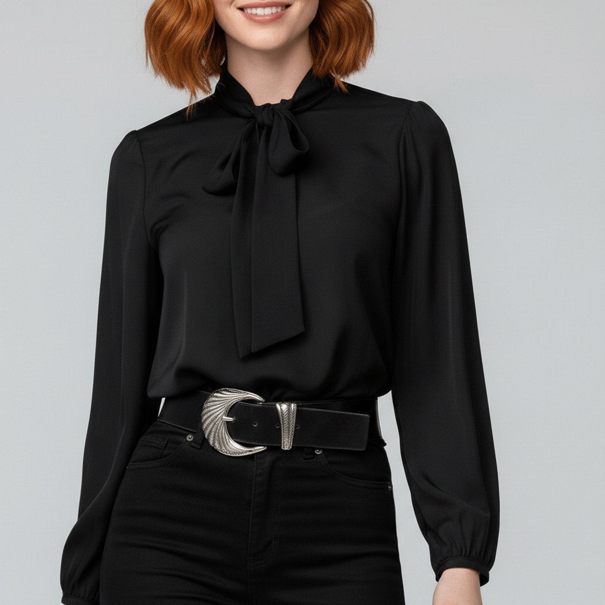 Long Sleeve Tie-Neck Chiffon Blouse