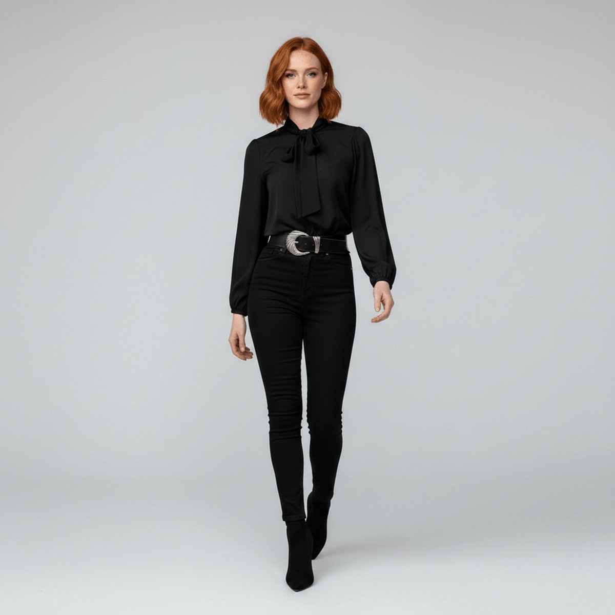 Long Sleeve Tie-Neck Chiffon Blouse