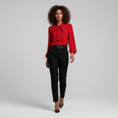 Long Sleeve Tie-Neck Chiffon Blouse