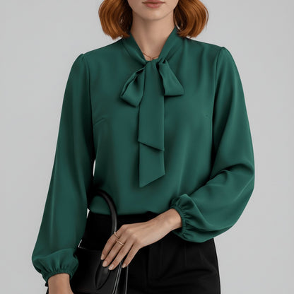 Long Sleeve Tie-Neck Chiffon Blouse