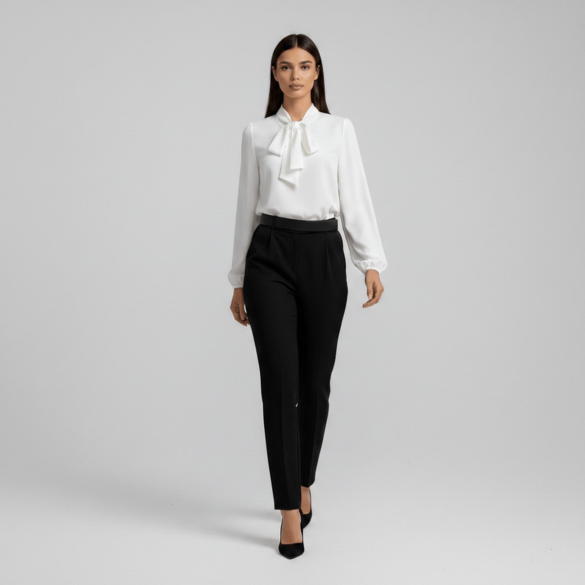 Long Sleeve Tie-Neck Chiffon Blouse