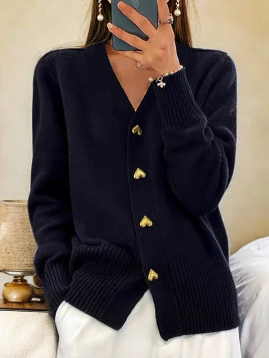 Heart Button V-Neck Knit Cardigan