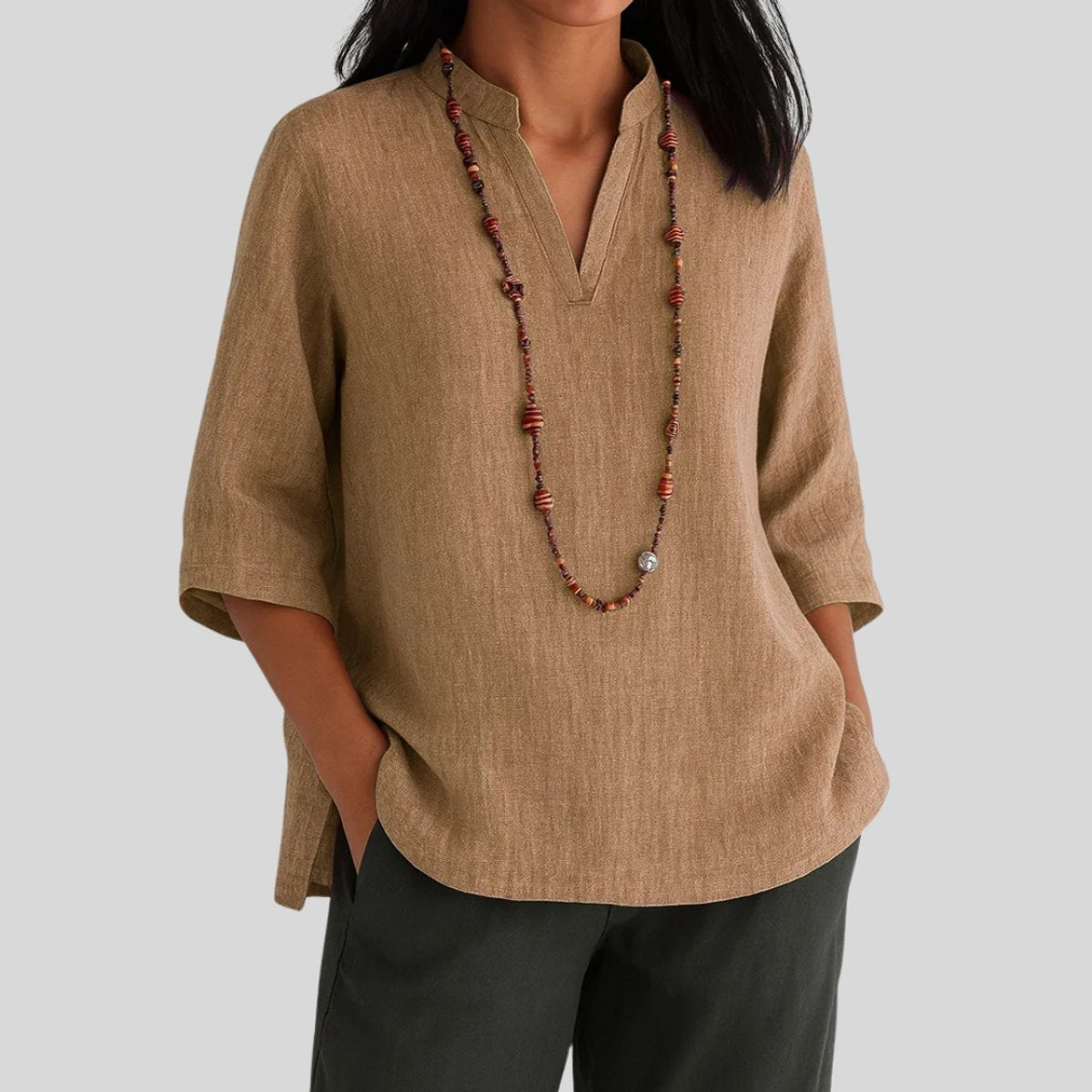 Linen V-Neck Tunic Top with 3/4 Sleeves
