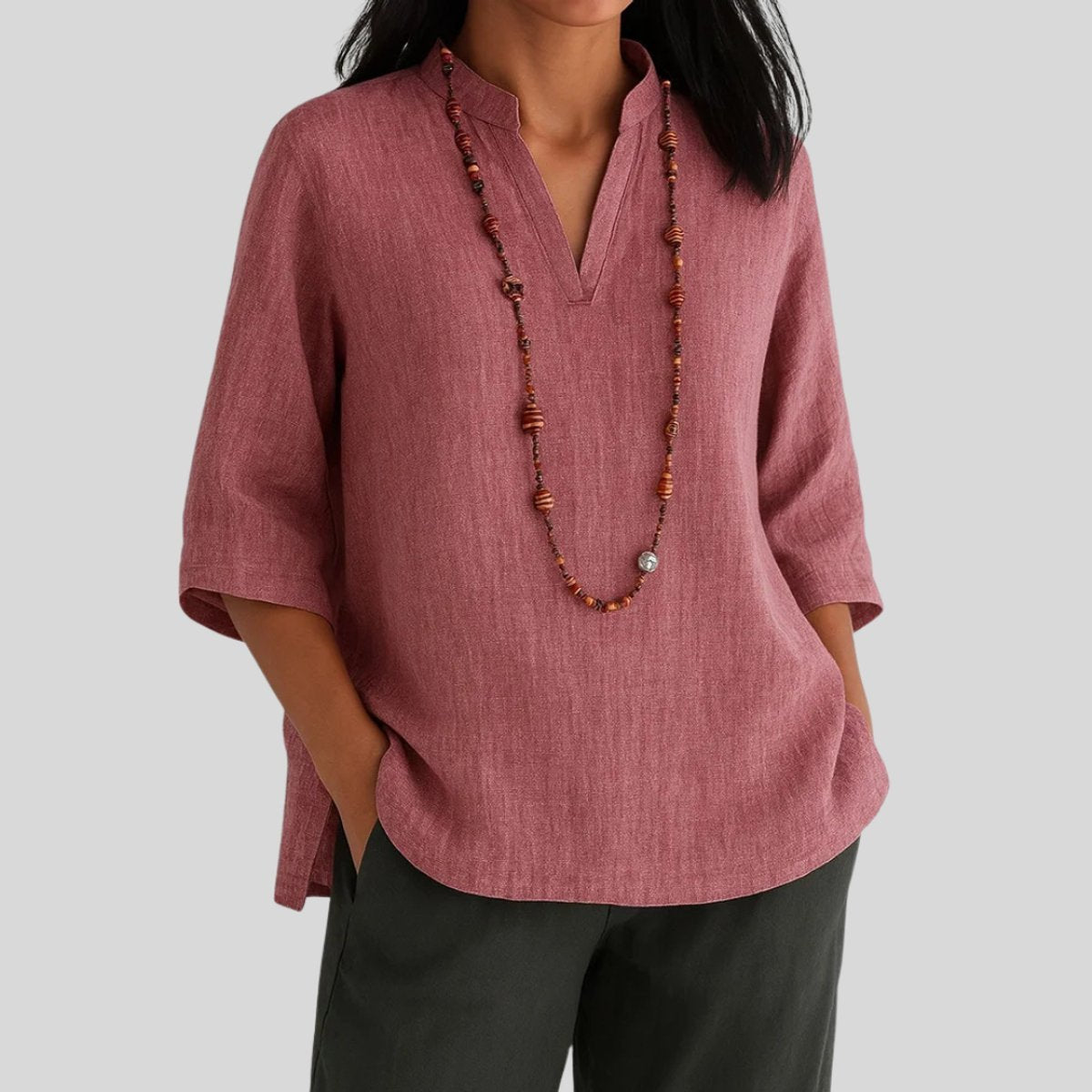 Linen V-Neck Tunic Top with 3/4 Sleeves