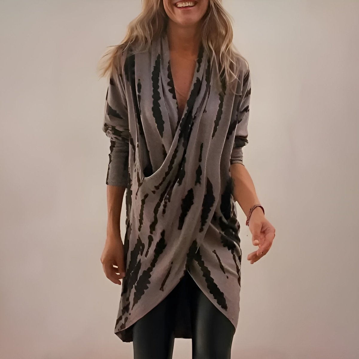 Monochrome Line Print Draped V-Neck Tunic