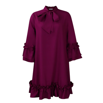 Tie-Neck Tunic Dress with Frilled Cuffs and Hem