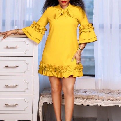 Tie-Neck Tunic Dress with Frilled Cuffs and Hem