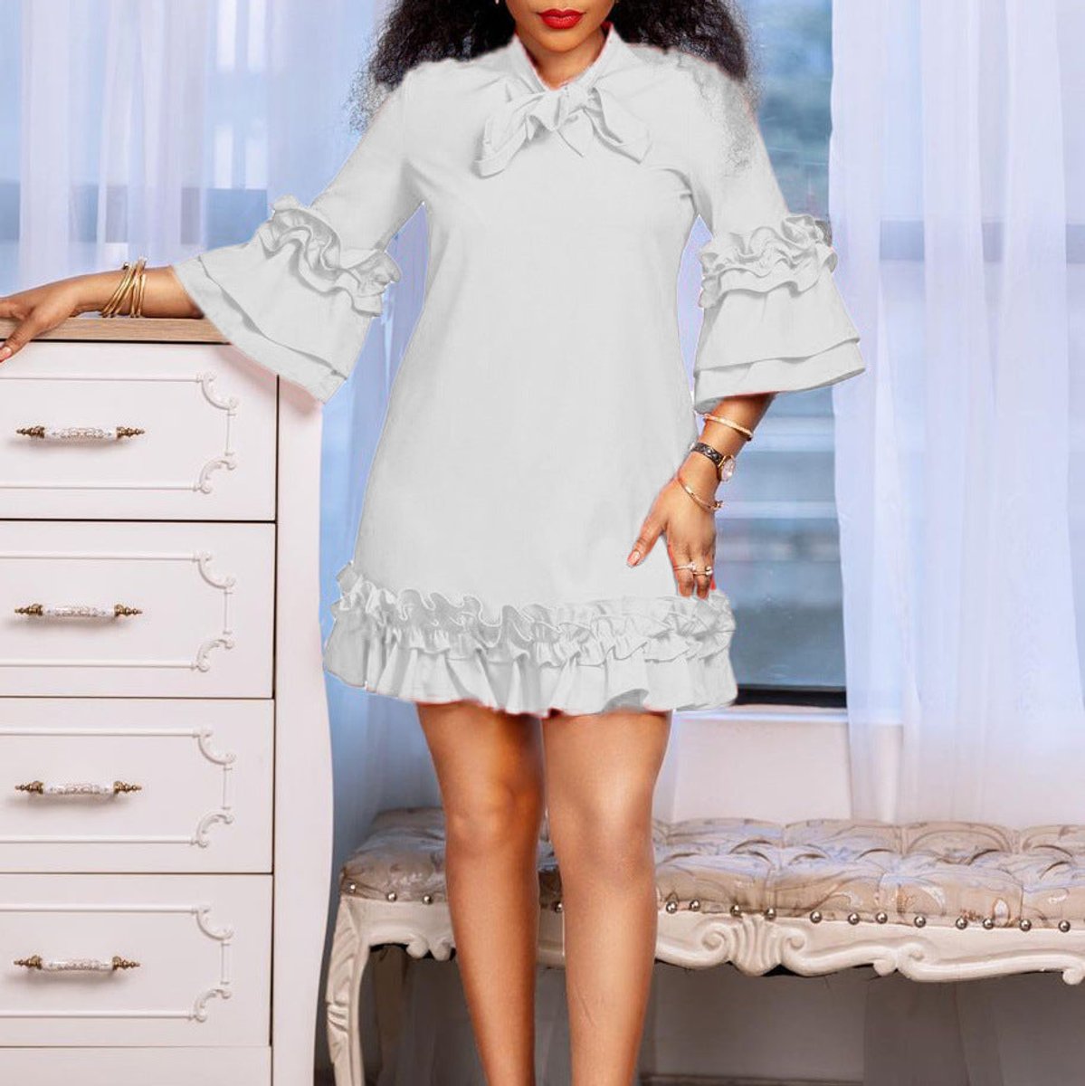 Tie-Neck Tunic Dress with Frilled Cuffs and Hem