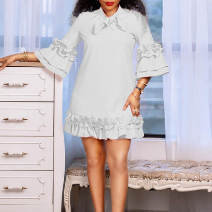 Tie-Neck Tunic Dress with Frilled Cuffs and Hem