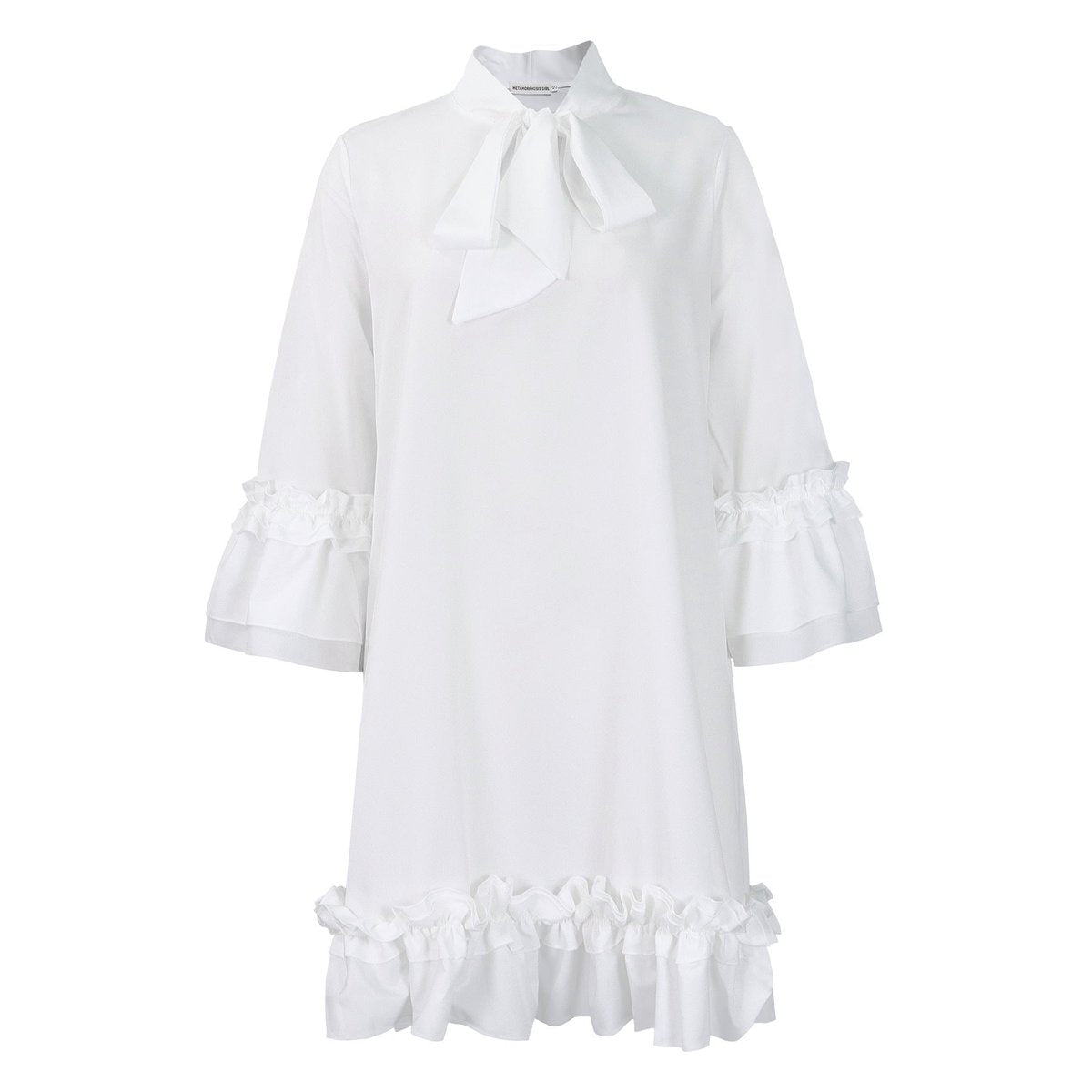 Tie-Neck Tunic Dress with Frilled Cuffs and Hem