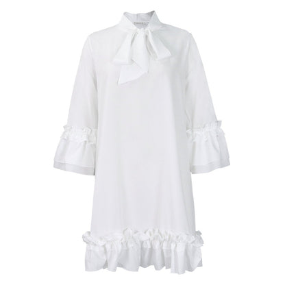 Tie-Neck Tunic Dress with Frilled Cuffs and Hem