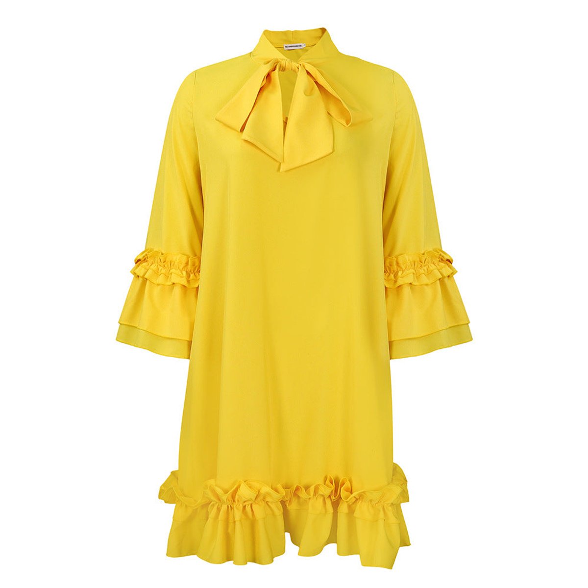 Tie-Neck Tunic Dress with Frilled Cuffs and Hem