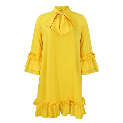 Tie-Neck Tunic Dress with Frilled Cuffs and Hem