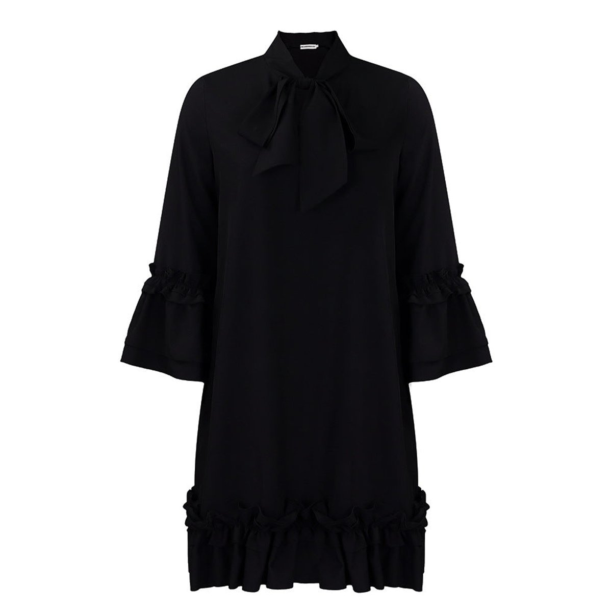 Tie-Neck Tunic Dress with Frilled Cuffs and Hem