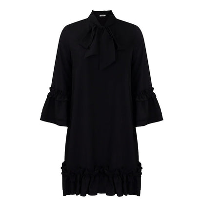 Tie-Neck Tunic Dress with Frilled Cuffs and Hem