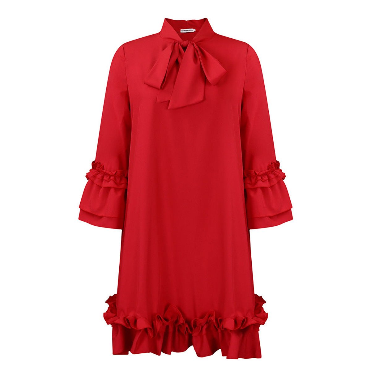 Tie-Neck Tunic Dress with Frilled Cuffs and Hem