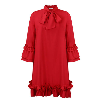 Tie-Neck Tunic Dress with Frilled Cuffs and Hem