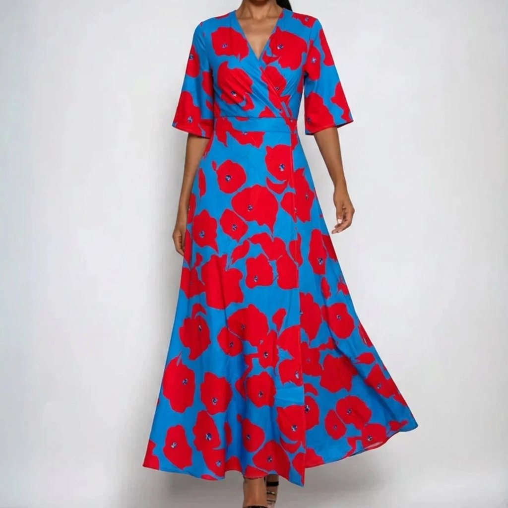Floral Print V-Neck Wrap Maxi Dress
