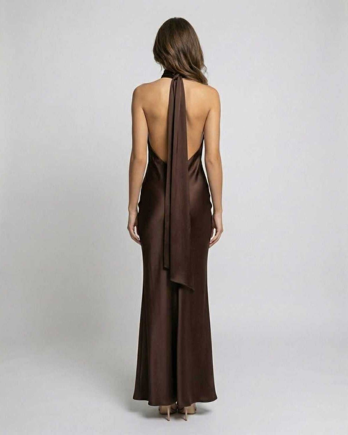 Women's Satin Halter Neck Open-Back Maxi Dress