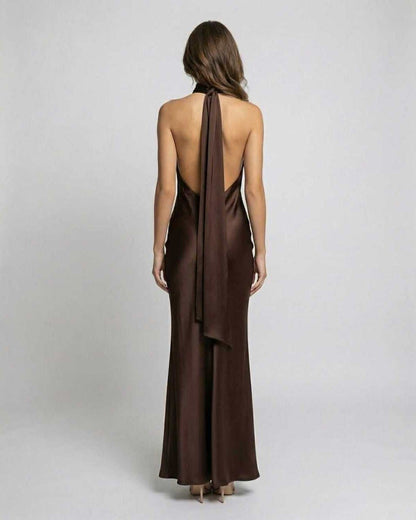 Women's Satin Halter Neck Open-Back Maxi Dress