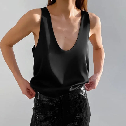 Women's Relaxed Satin Sleeveless Top with Deep U-Neck