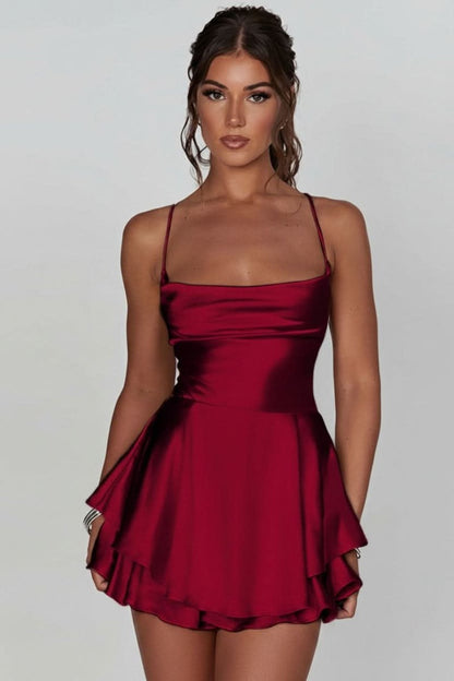Satin Square Neck Tiered Ruffle Mini Dress