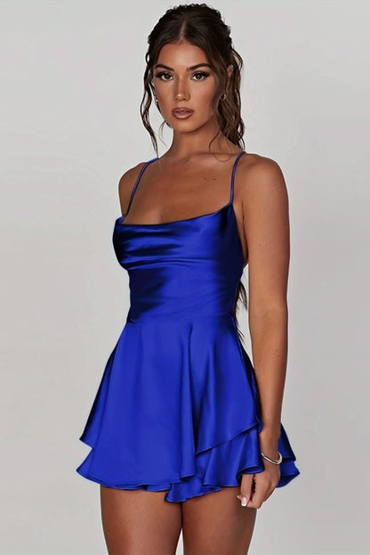 Satin Square Neck Tiered Ruffle Mini Dress