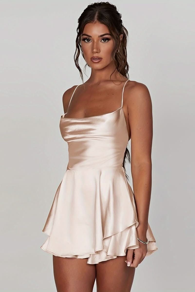 Satin Square Neck Tiered Ruffle Mini Dress