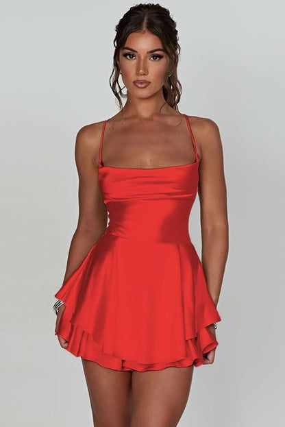 Satin Square Neck Tiered Ruffle Mini Dress