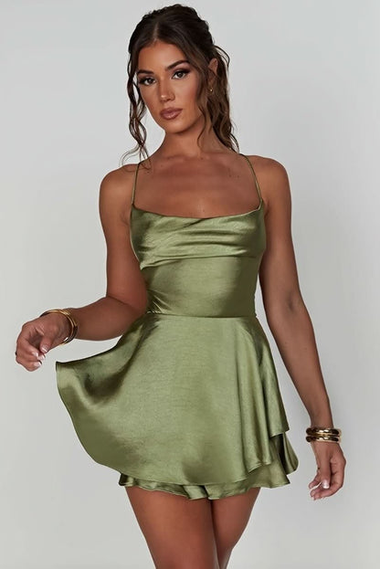 Satin Square Neck Tiered Ruffle Mini Dress
