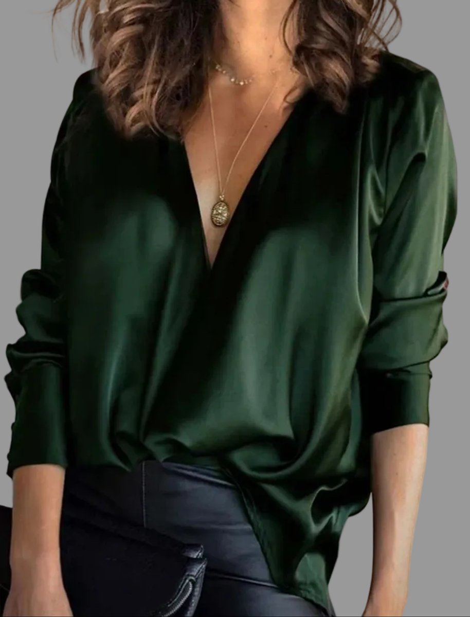 Silky Satin Long Sleeve V-Neck Blouse