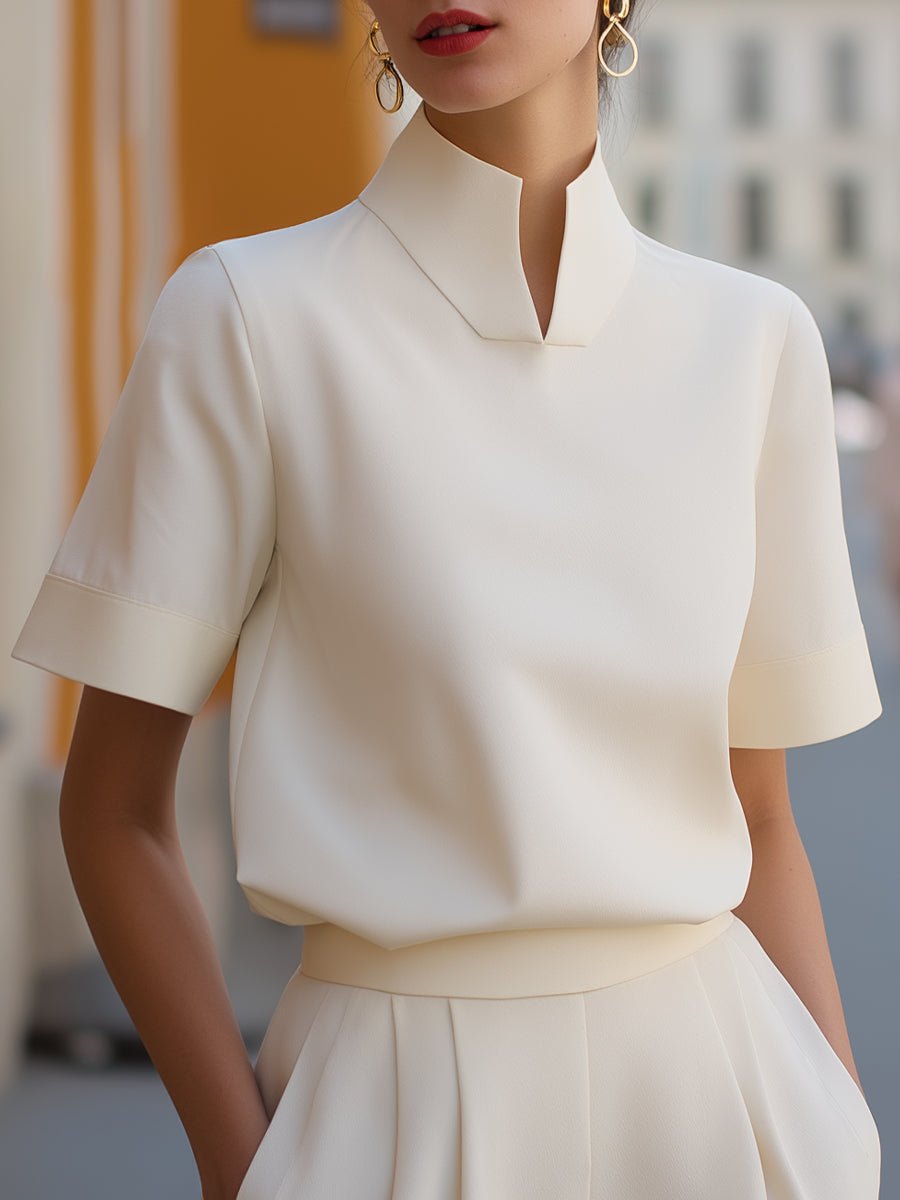 Tailored Stand Collar Short Sleeve Blouse