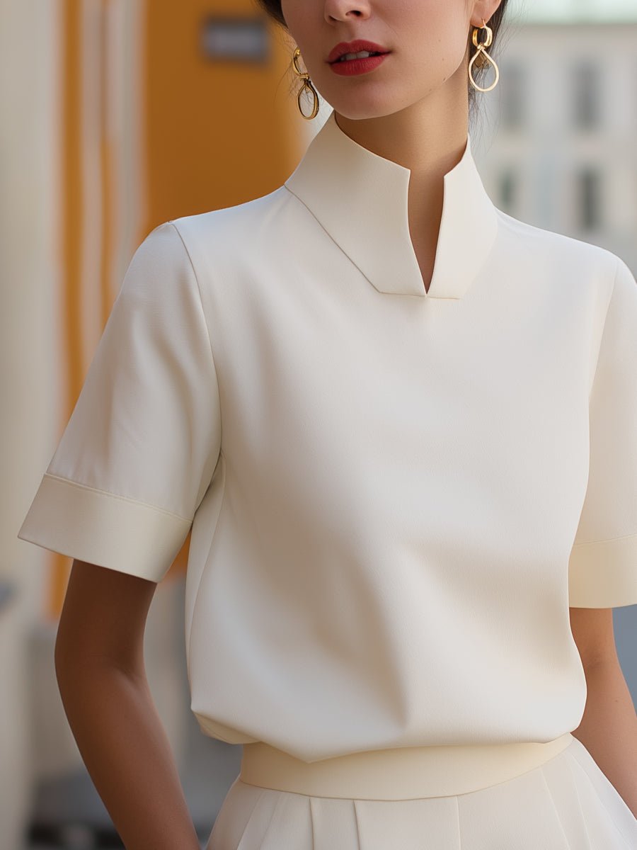 Tailored Stand Collar Short Sleeve Blouse