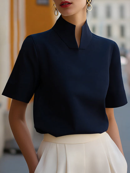 Tailored Stand Collar Short Sleeve Blouse