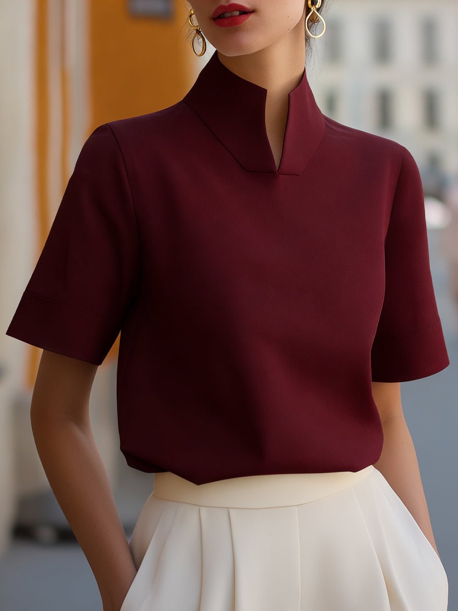 Tailored Stand Collar Short Sleeve Blouse