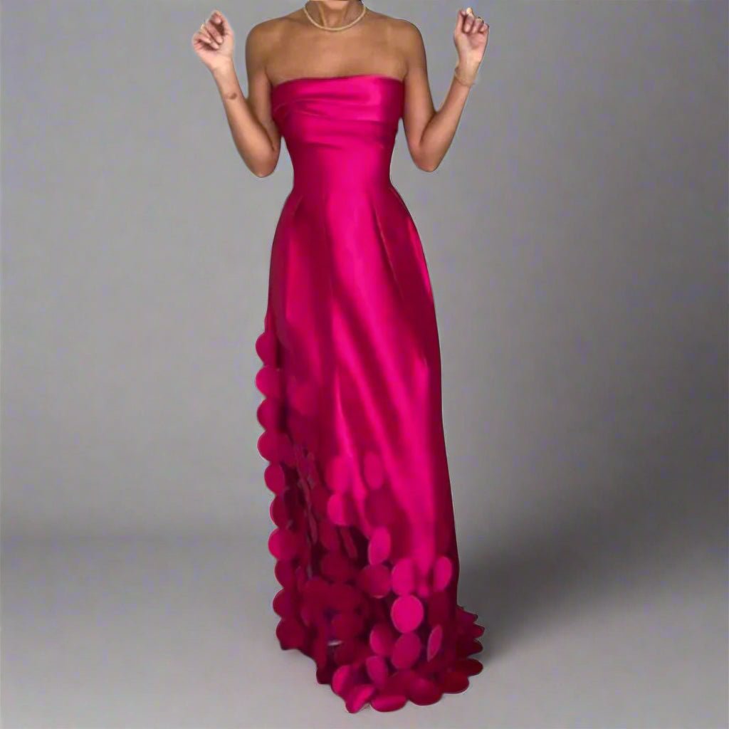 Women's Strapless Satin Evening Maxi Gown with Appliqué Hem