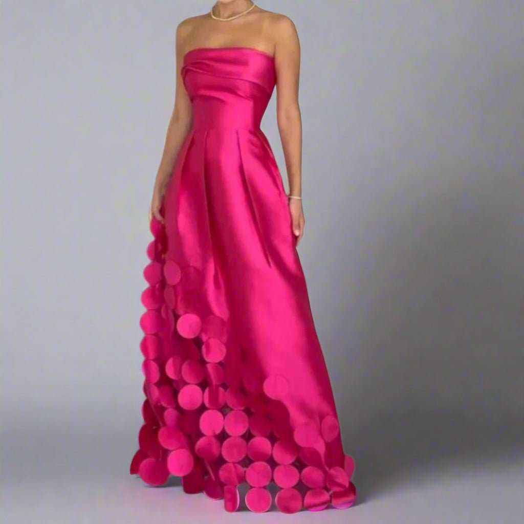 Women's Strapless Satin Evening Maxi Gown with Appliqué Hem
