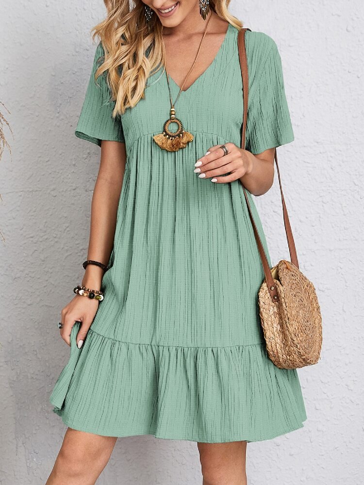Short Sleeve Tiered V-Neck Swing Dress